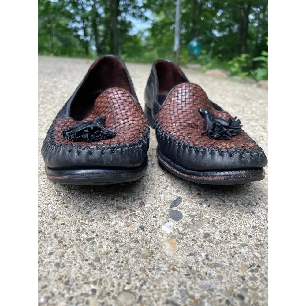 Cole Haan Women's Loafers Sz 8B Brown Woven Black Leather Tassel Round Apron Toe